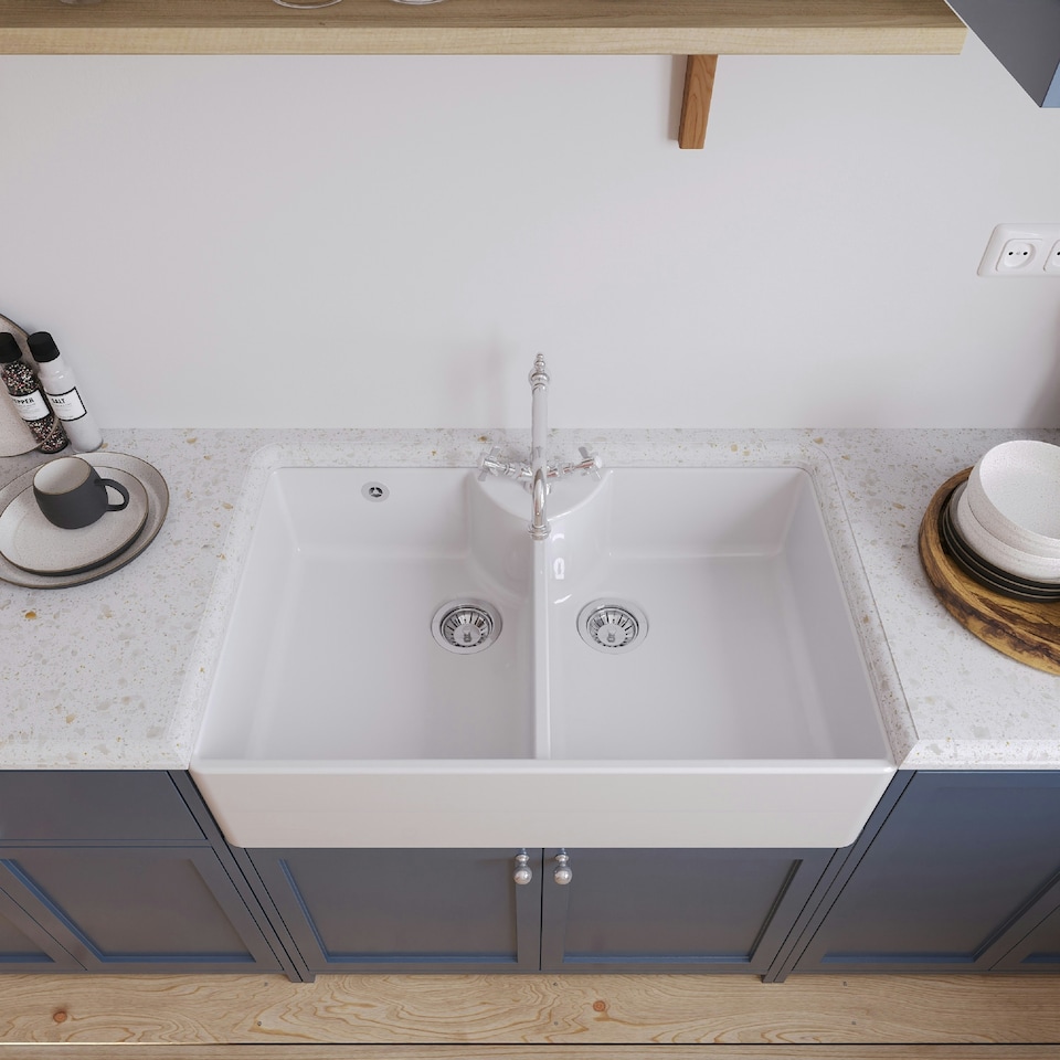 image 1 of 895mm Double Bowl Fireclay Butler Kitchen Sink - With Overflow, Classic Tap & Wastes - Traditional Belfast Style by Balterley