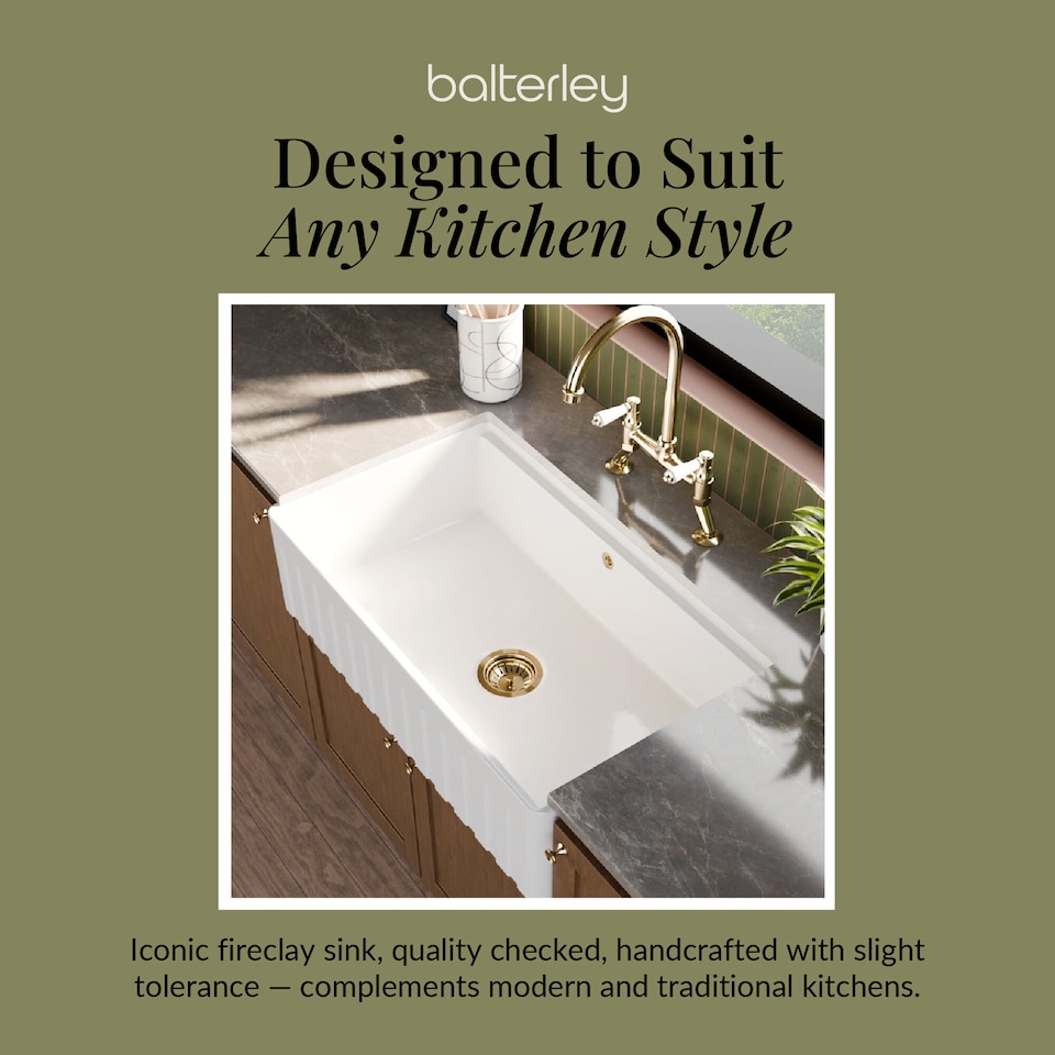 image 1 of Balterley Fireclay Single Bowl Fluted Front Kitchen Sink with Ledge and Overflow - Balterley | White | White | 220.0000 x 795.0000 x 460.0000mm | 1