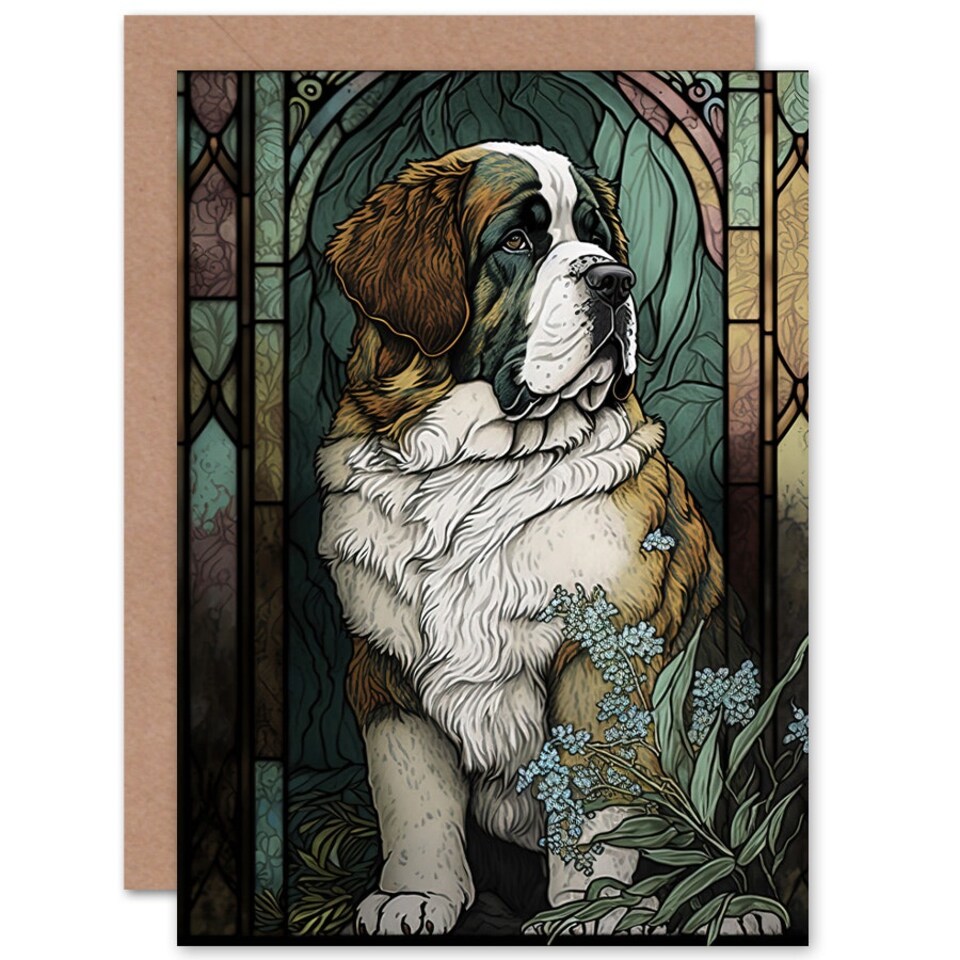 image 1 of Dog Lover St Bernard with Flowers Modern Art Nouveau Greeting Card