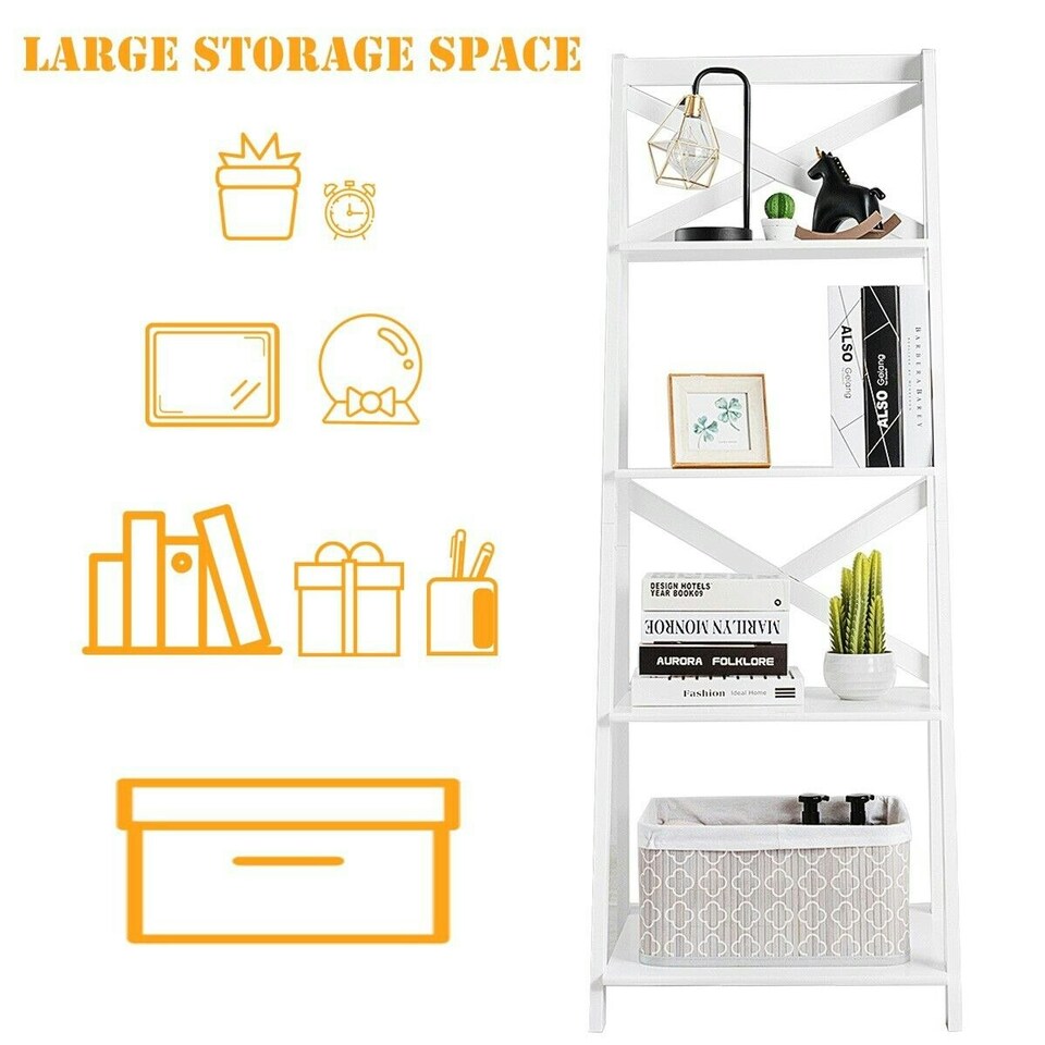 image 1 of COSTWAY 4 Tier Ladder Shelf Storage Wooden Bookcase White White