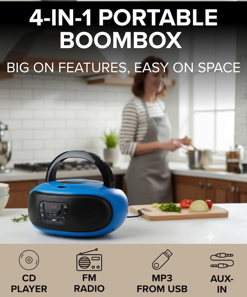 image 1 of Grouptronics Small Portable CD Player For Home With Speakers – Boombox Mains Or Battery Powered, FM Radio, Supports MP3 Audio Books - GTCDR-501