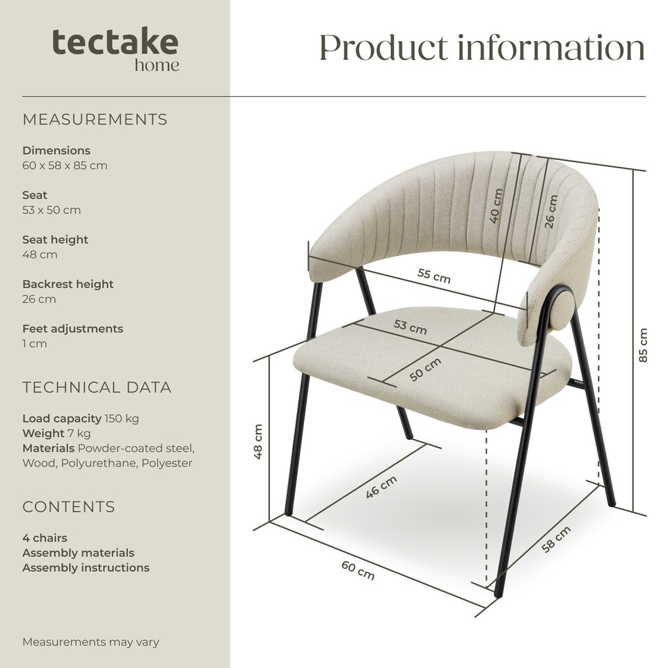 image 1 of Dining Chair Bedano - woven fabric, padded, 150 kg load capacity - Set of 4 Grey | Greige