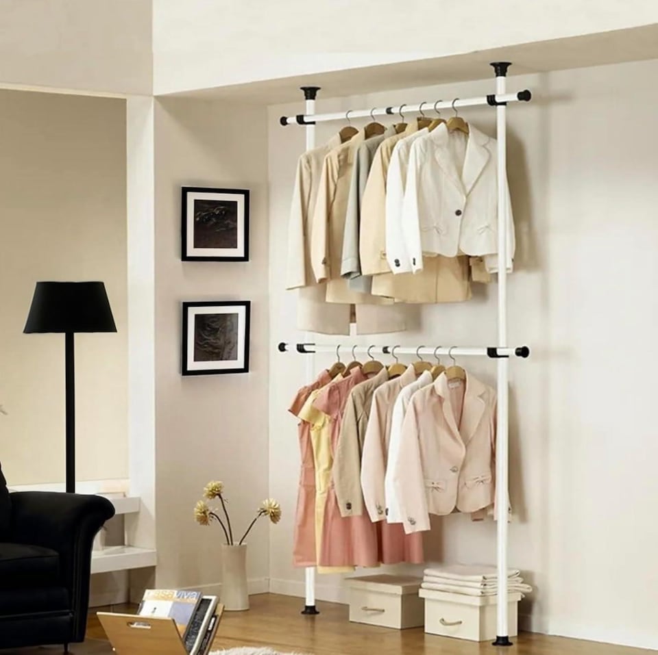 image 1 of House of Home Telescopic White Clothes Rack Wardrobe Organiser Hanging Rail Adjustable Storage | White | Not provided