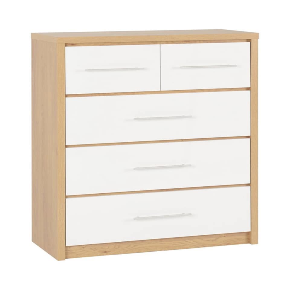 image 1 of Seville 3+2 Drawer Chest - L39.5 x W85 x H110.5 cm - White High Gloss/Light Oak Effect Veneer