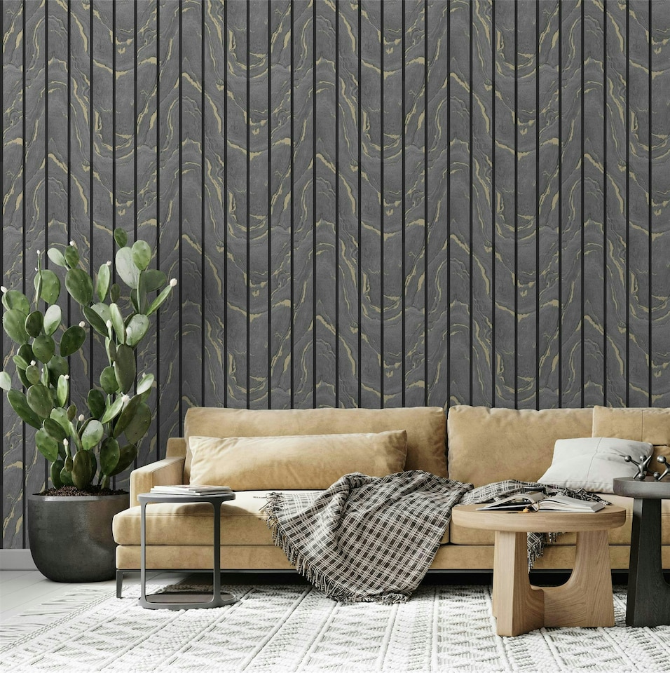 image 1 of Woodgrain Panel Charcoal & Gold Wallpaper | Grey
