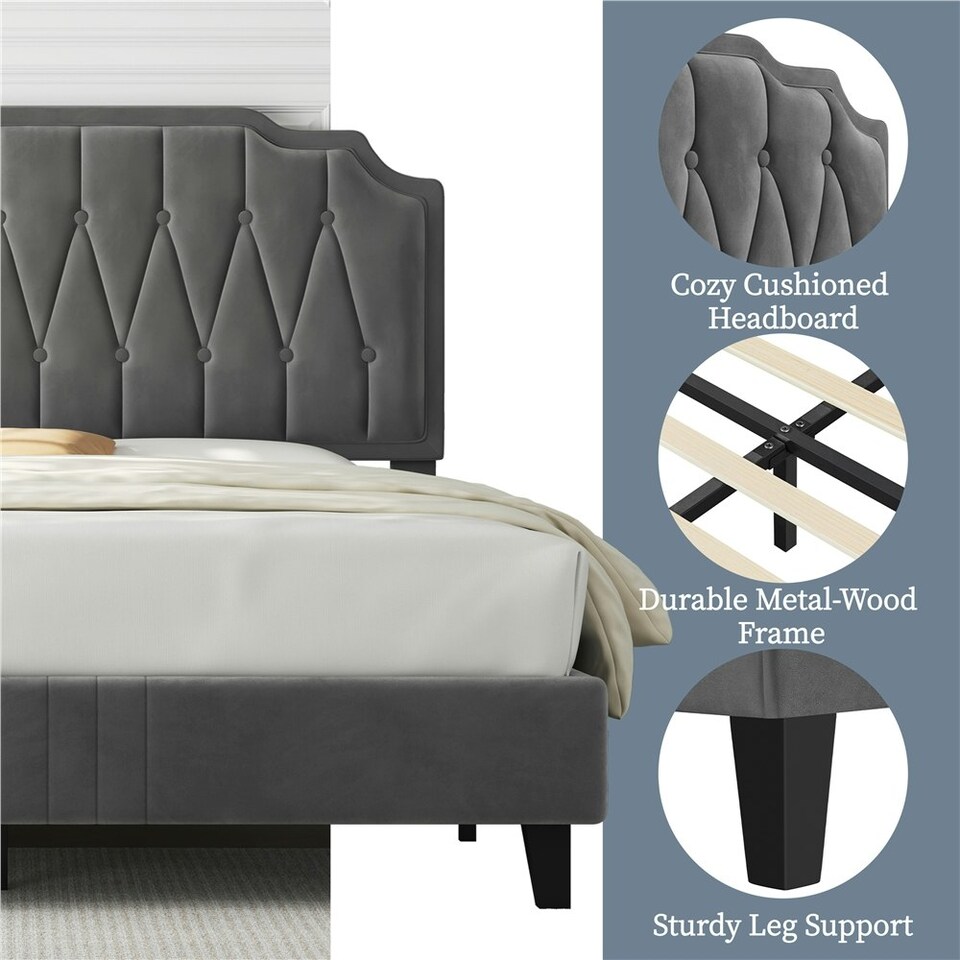 image 1 of Yaheetech 5ft King Upholstered Bed Frame with Button-Tufted Headboard Dark Grey