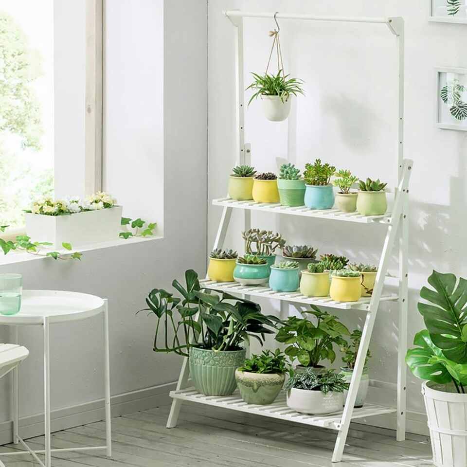 image 1 of Living and Home 3-Tier Foldable Wooden Ladder Shelf with Hanging Rod