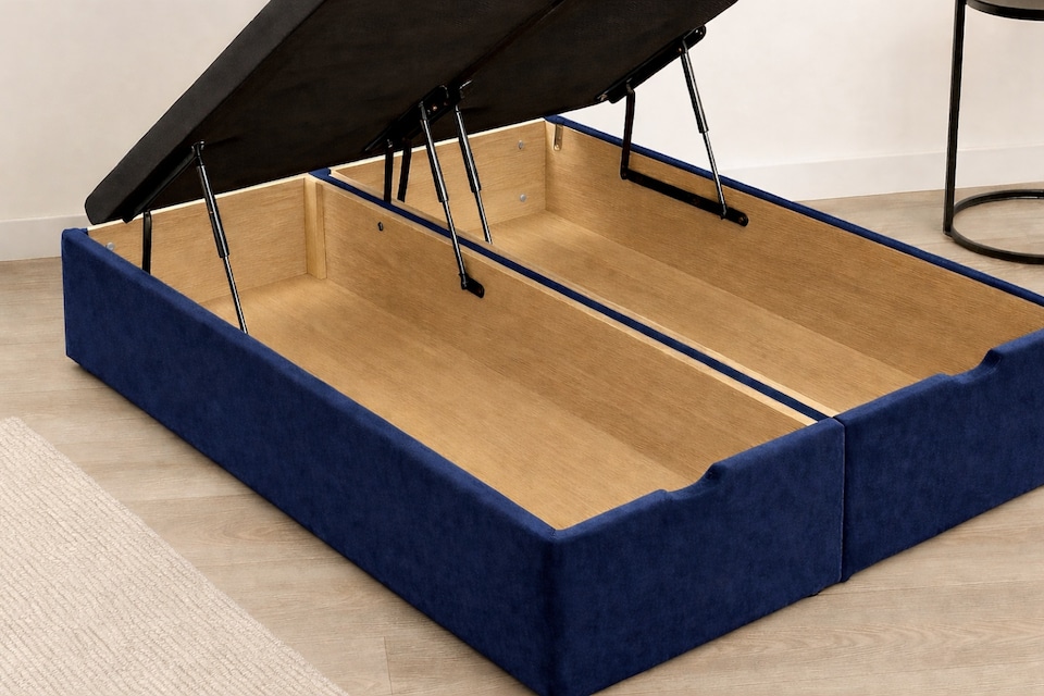 image 1 of 6ft Superking Chesterfield Blue Plush Ottoman End Open Bed with Headboard and Mattress Set
