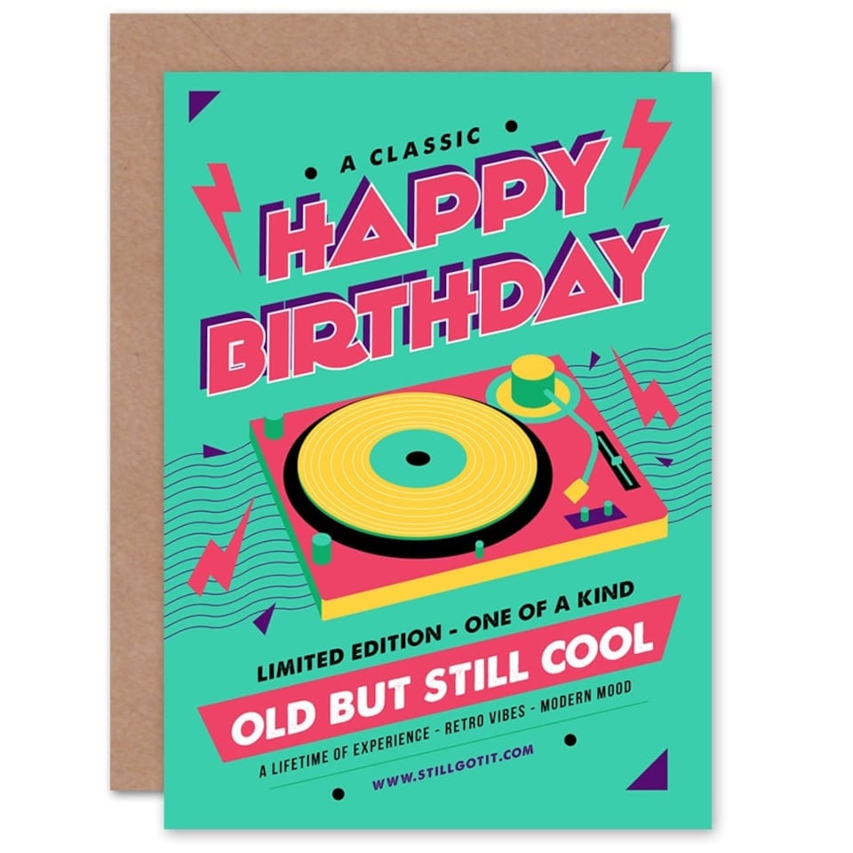 image 1 of Old But Cool Vinyl Record Player Green Pink Birthday Greeting Card