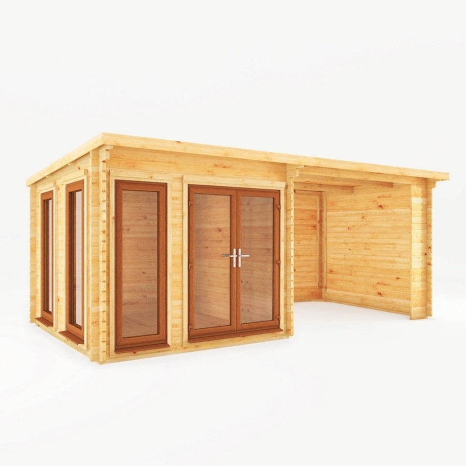 image 1 of 6 x 3 m Studio Pent Log Cabin with Patio Area with Oak UPVC Windows and Doors - 44 mm Timber - L333.5 x W591.1 x H249.4 cm - Brown Brown