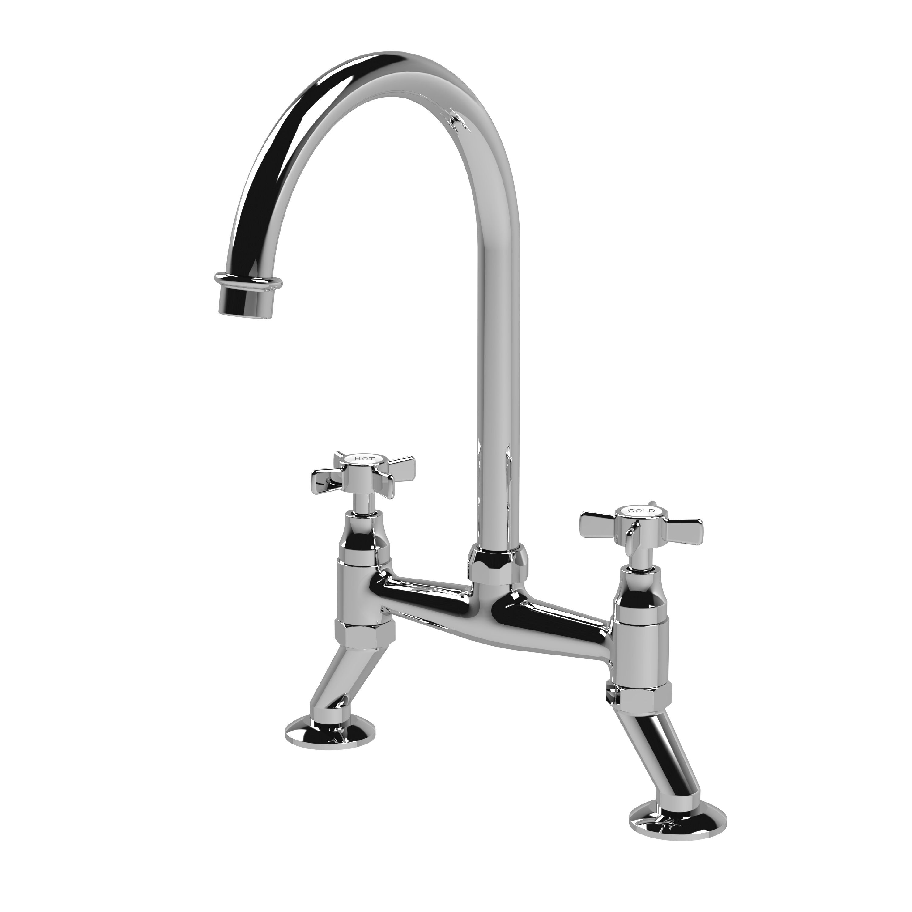 Balterley Kitchen Curved Spout Deck Mounted Crosshead Dual Handle Bridge Kitchen Sink Mixer Tap Silver Chrome 1