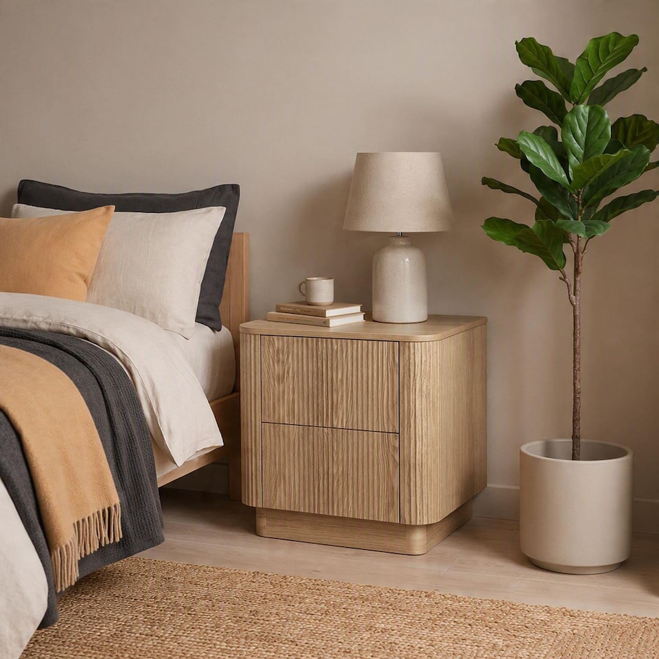 image 1 of Winthorpe Wooden 2 Drawer Bedside Cabinet Nightstand Table Oak