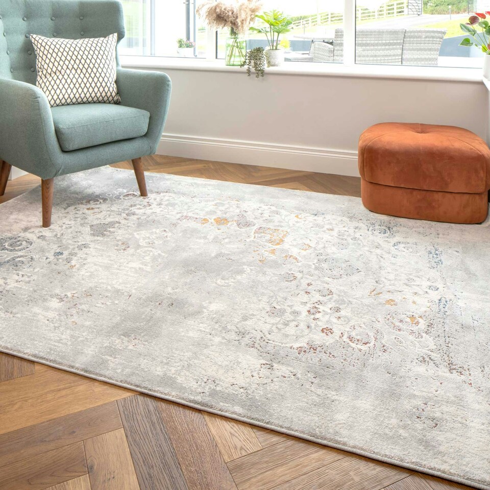 image 1 of KUKOON Silver Multicolour Distressed Floral Medallion Area Rug 80cm x 150cm Grey