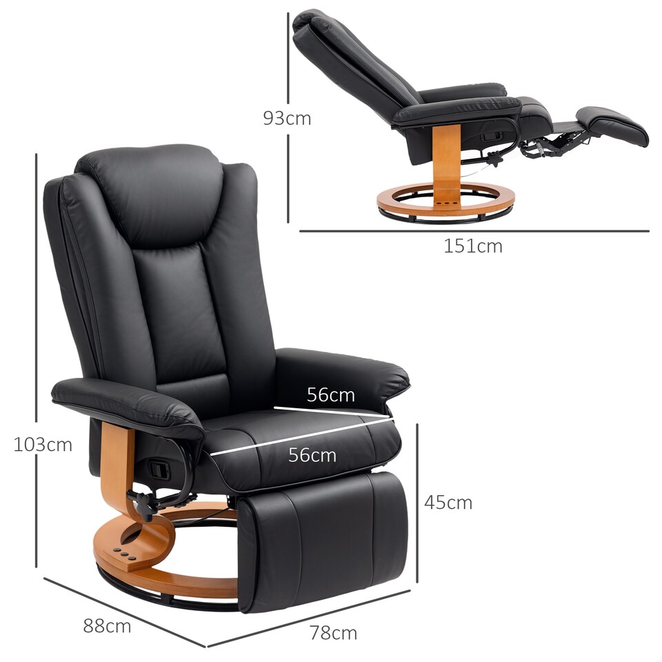 image 1 of HOMCOM Manual Recliner Chair with Footrest, Upholstered Reclining Armchair with Adjustable Backrest and Steel Frame, PU Leather Swivel Chair for Living Room, Bedroom, Black | Black | Black