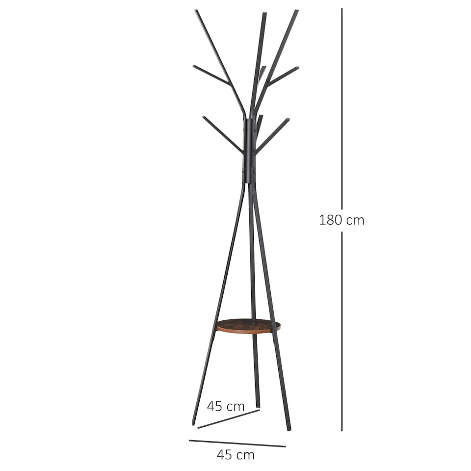 image 1 of HOMCOM Freestanding Metal Coat Rack Stand 9 Hooks Clothes Tree with 1 Shelf Hat Display Hall Tree Hanger Bag Umbrella Hanging Organiser Brown