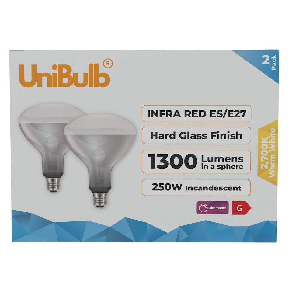 image 1 of UniBulb Infra-Red Heater Lamp Light Bulb E27 1300lm 250W 2700K - Pack of 2 | Clear | Infra Red | 2
