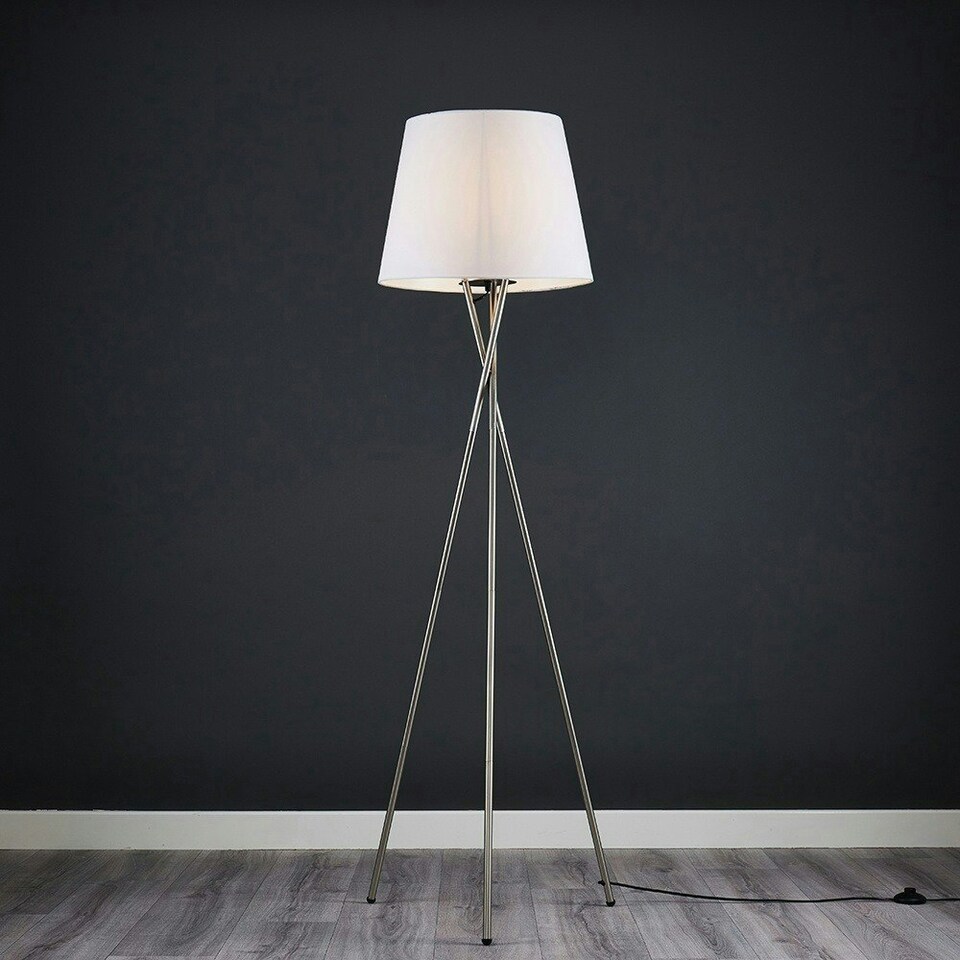 image 1 of ValueLights Camden Brushed Chrome Tripod Floor Lamp White Taper Shade & Bulb White