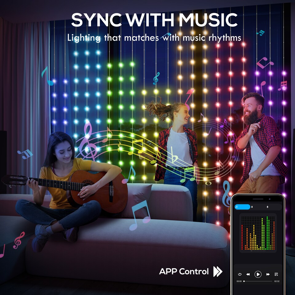 image 1 of HOMCOM LED Curtain Lights, Smart Colour Changing Fairy String Lights with Remote and App, 400 RGBIC LED, Dynamic DIY Hanging, for Bedroom Living Room Wall, 3x3 m