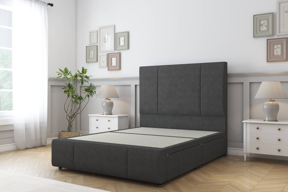 image 1 of Sloomy Lisbon Graphite Dumfries Divan Bed Base 2 Drawers Left Side With 26 Inch Strutted Headboard & 12 Inch Matching Footboard | Grey | Graphite | Single | 1