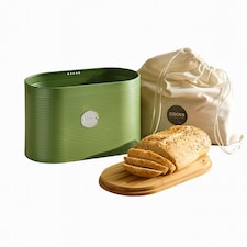 Cooks Professional Ribbed Bread Bin, Linen Bag & Bamboo Board Set with Silver Label | Green | Green & Silver | 1