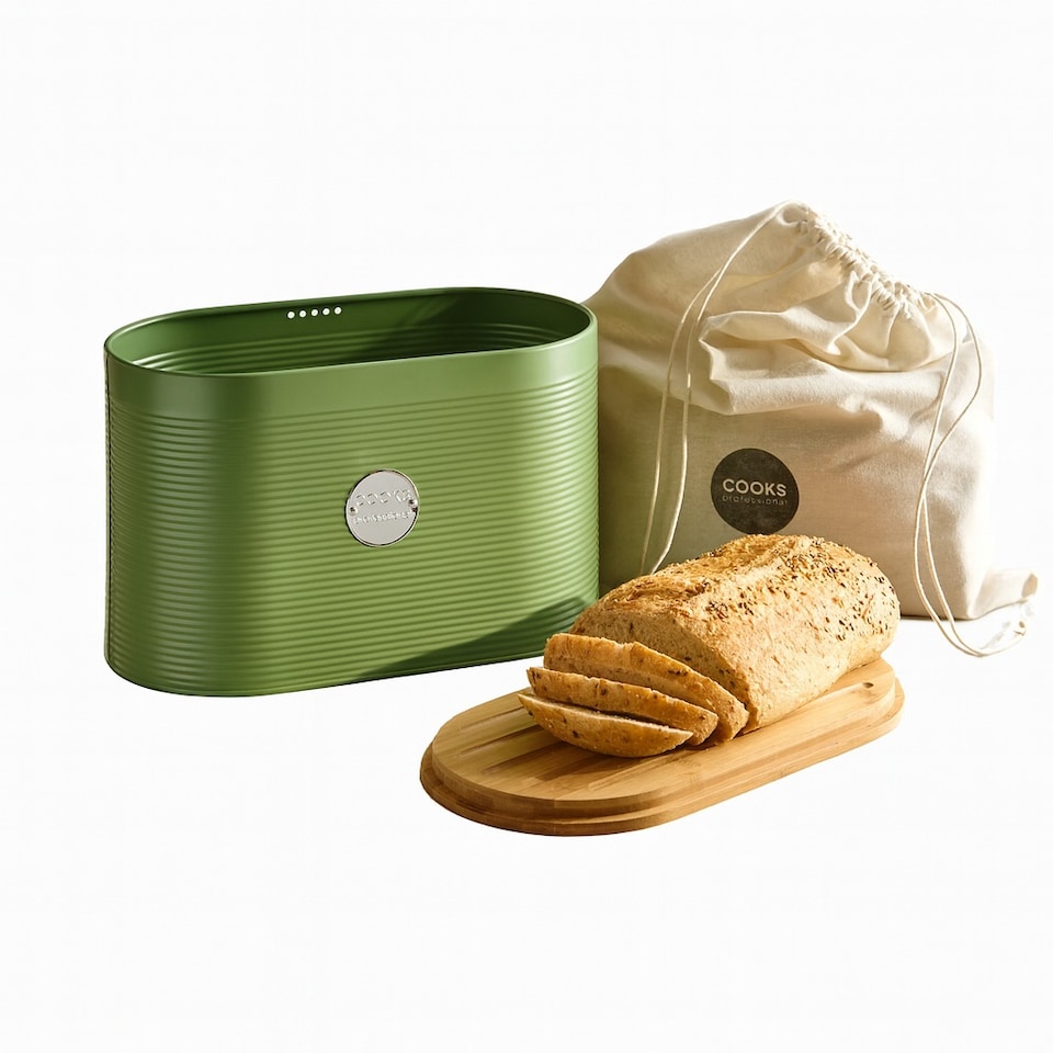 image 1 of Cooks Professional Ribbed Bread Bin, Linen Bag & Bamboo Board Set with Silver Label | Green | Green & Silver | 1