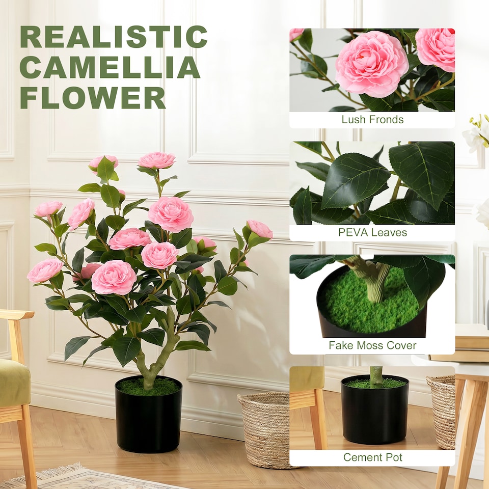 image 1 of HOMCOM 65cm Artificial Camellia Flower Plant with 116 Lush Leaves