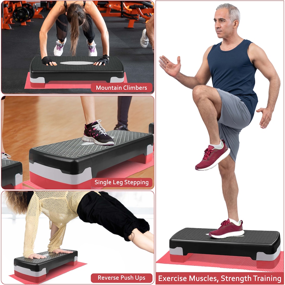 image 1 of Aerobic Stepper Yoga Step Board Gym Fitness Exercise Cardio Adjustable Blocks Red