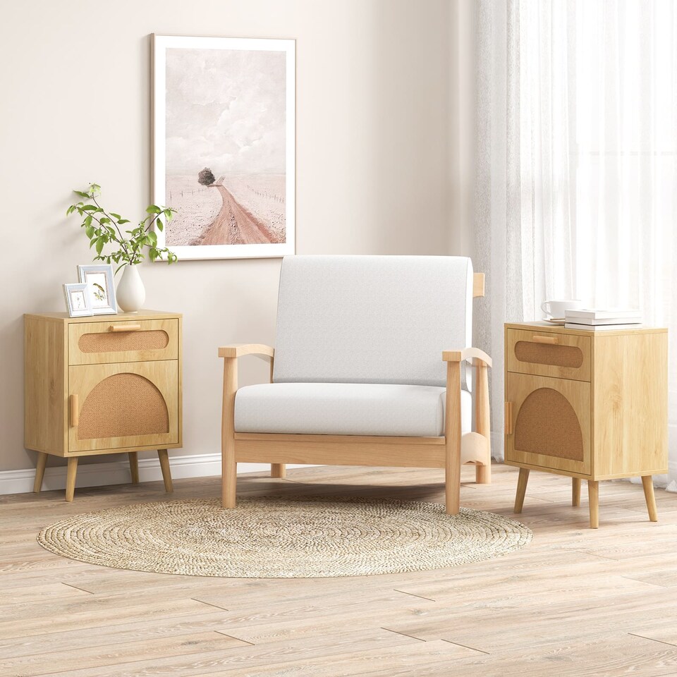 image 1 of COSTWAY Rattan Nightstand with Rattan-decorated Door Yellow