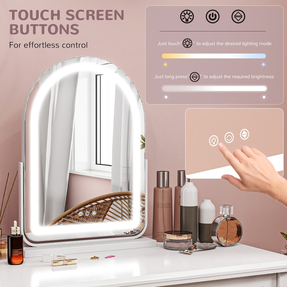 image 1 of HOMCOM LED Vanity Mirror with Lights, 43  59cm Lighted Makeup Mirror with 3 Colour, 360 Degree Rotation, Touch Screen, for Bedroom and Dressing Room, White
