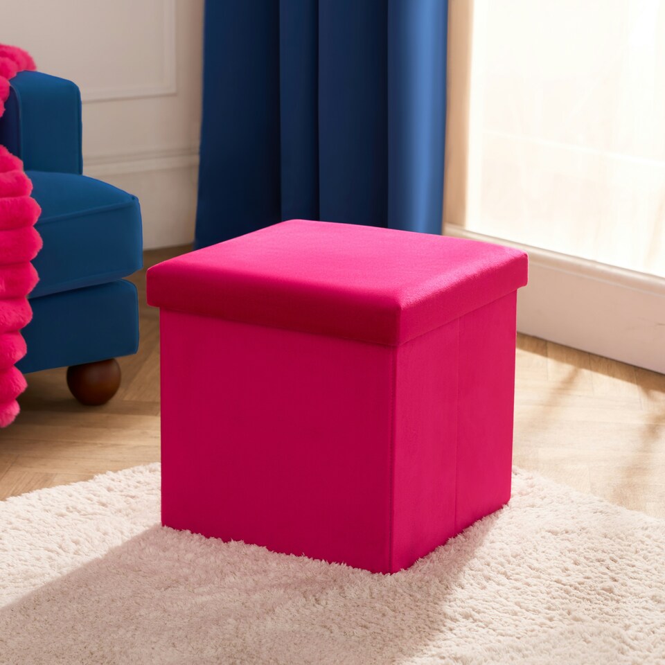 image 1 of OHS Matte Velvet Soft Foldable Cube Footstool Seat Storage Organiser Ottoman Pink | Bright Pink