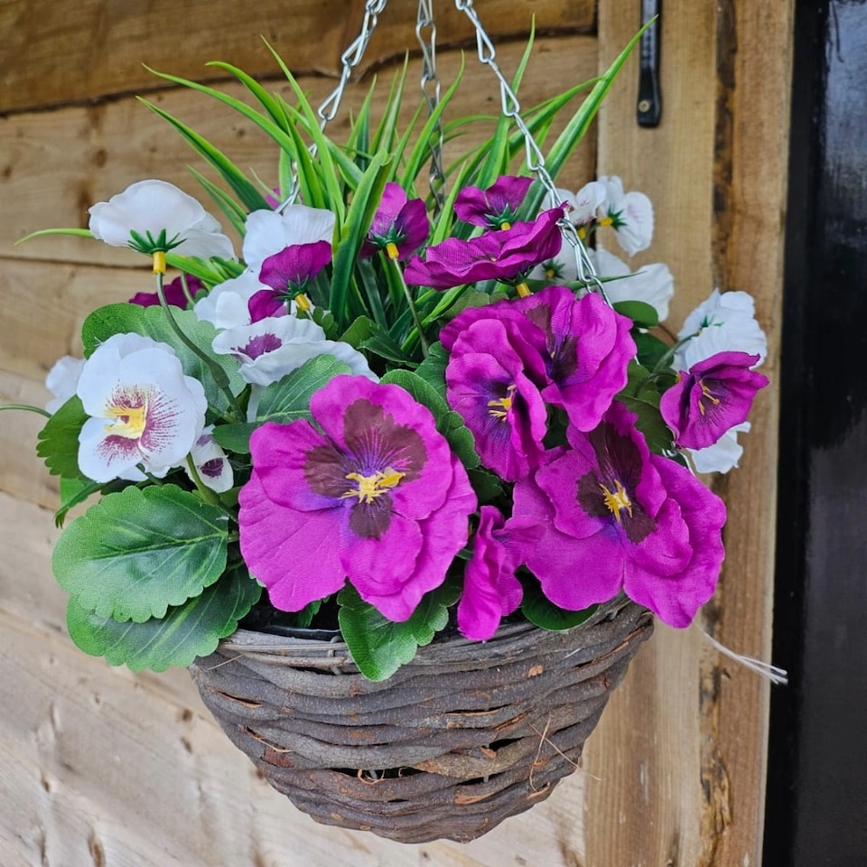 image 1 of Pair of 30cm 10 Inch Purple & White Pansy Flower with Decorative Rattan Hanging Baskets for Indoor Outdoor Garden Use | Purple | Purple & White | 1