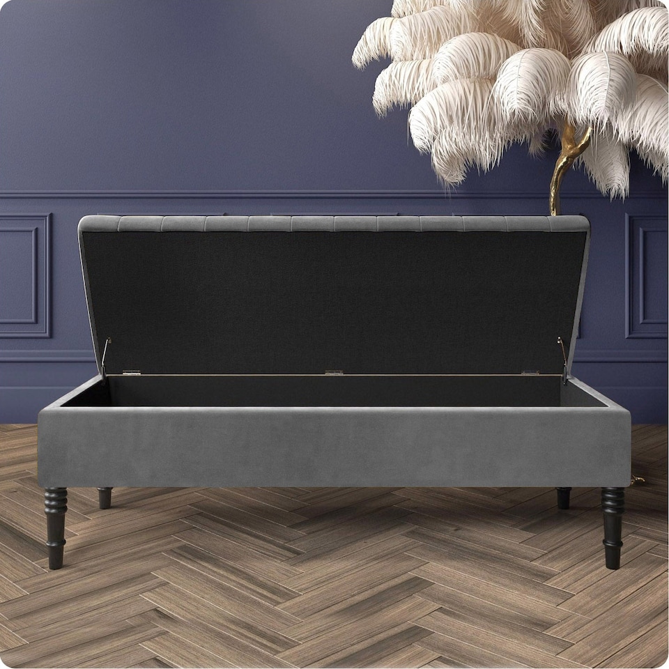 image 1 of Safar 180cm Ottoman Storage Bench - Plush Velvet Shoe Bench - Grey Lined Upholstery Storage Footstool
