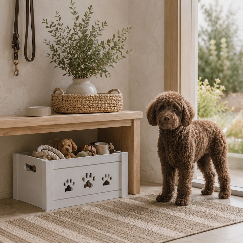 image 1 of Paw Shaped Cutout Dog Toys Chest Gift Hampers Storage Collection Box Wooden Crates Gift Hampers (Grey, Small)