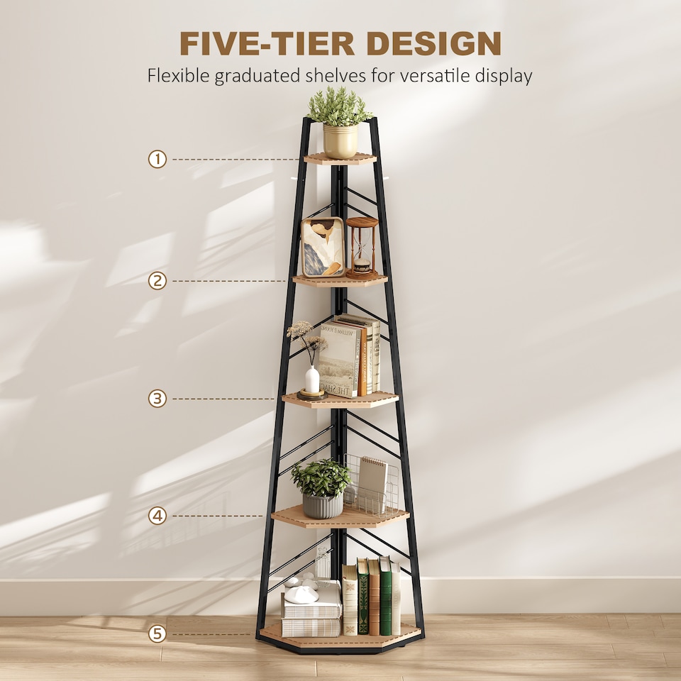 image 1 of HOMCOM 5-Tier Corner Bookcase, Floor Standing Shelving Unit | Brown | Natural wood finish | 36.5 x 36.5 x 159.5 cm