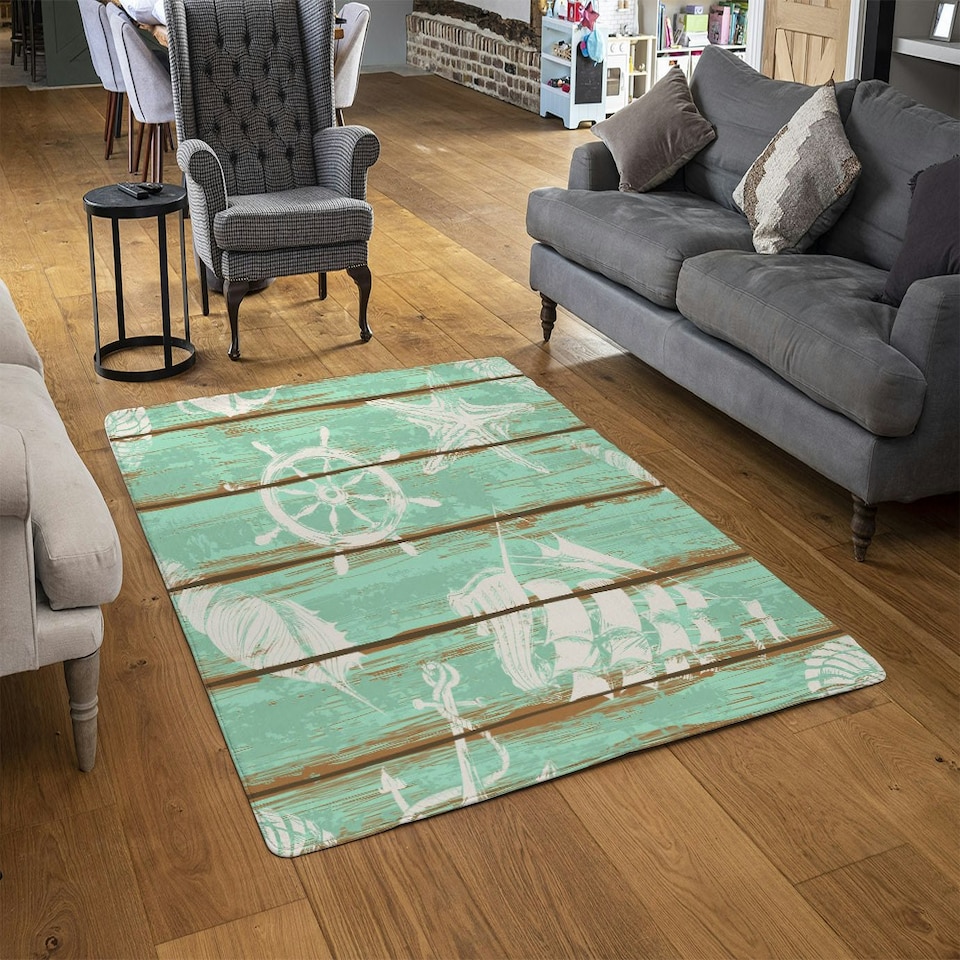 image 1 of Nautical Elements on Wood (Rug) Blue | Small: 60x110cm