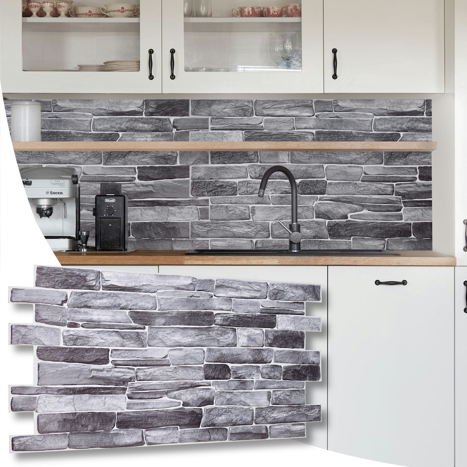 image 1 of NOVECRAFTO 3D Stone Slate Wall Panels – 6 PVC Sheets, Covers 2.76 sqm (29.76 sq ft), 96x48cm Each – Silver Grey Stone Effect Decorative Wall Cladding