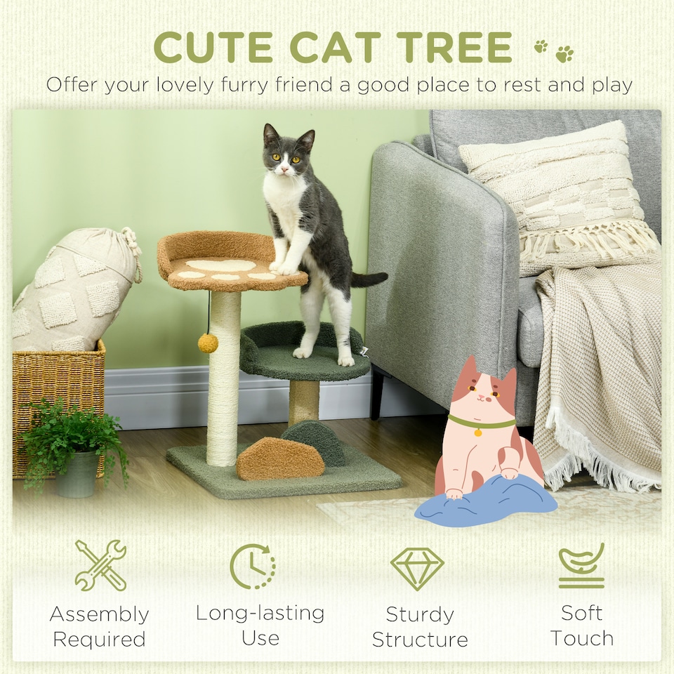 image 1 of PawHut Small Cat Tree with Scratching Posts 2 Beds Toy Ball Indoor, Multi
