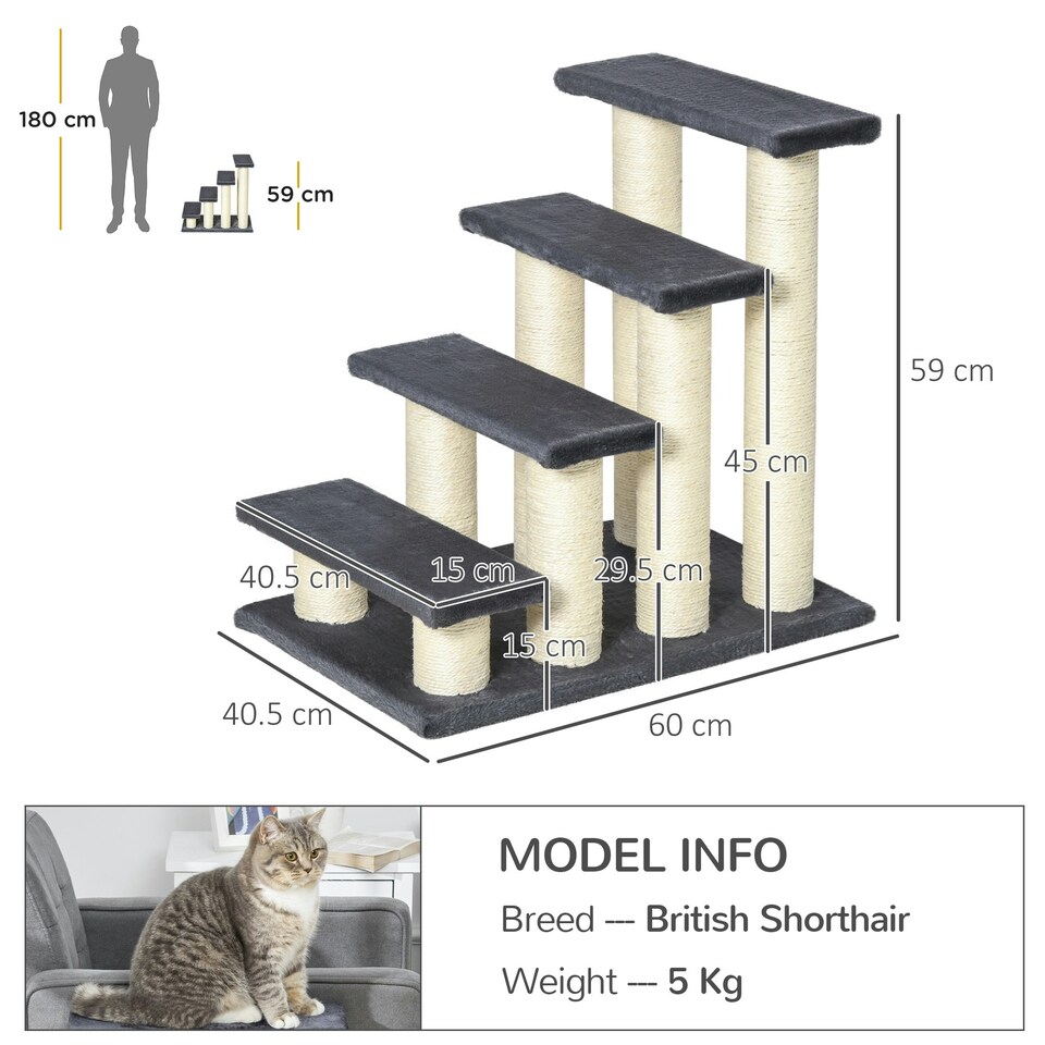 image 1 of PawHut Dog Steps for Bed 4 Step Pet Stairs ladder for Dog Cat Scratch Post Grey