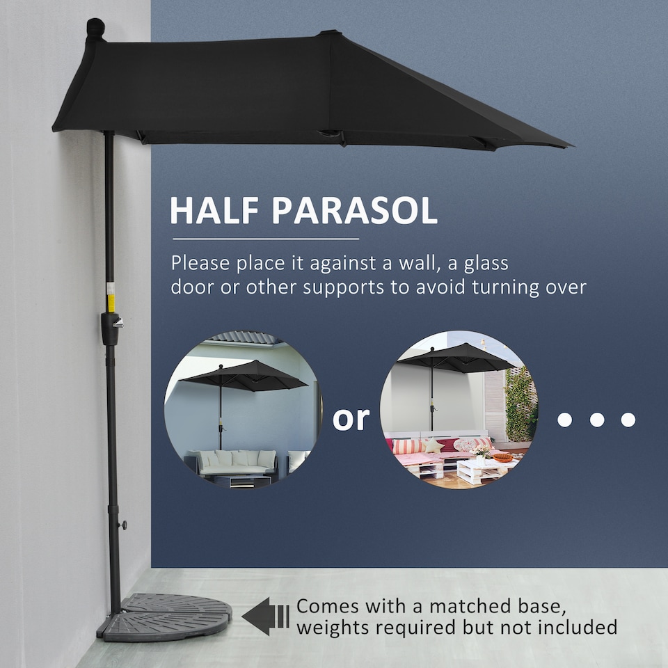 image 1 of Outsunny 2m Half Parasol Market Umbrella Garden Balcony Parasol with Crank Handle, Cross Base, DoubleSided Canopy, Black