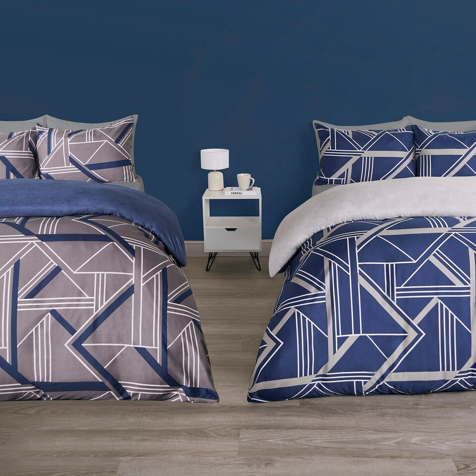 OHS Abstract Print Reversible Microfibre Duvet Cover Twin Pack Bedding Set, Double Grey/Navy
