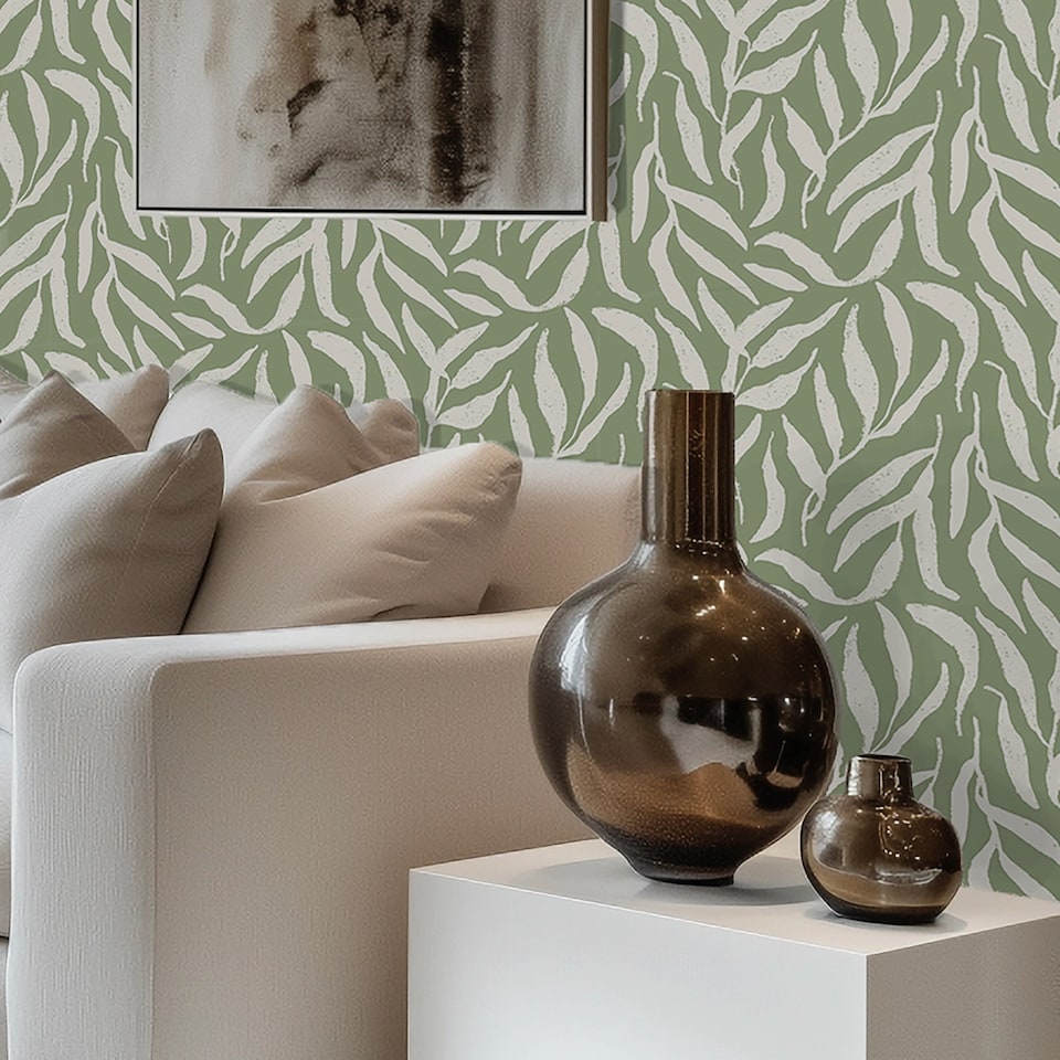 image 1 of Olive Leaf Wallpaper in Cream on Pistachio | Green | Green, Light | 50cm x 10m