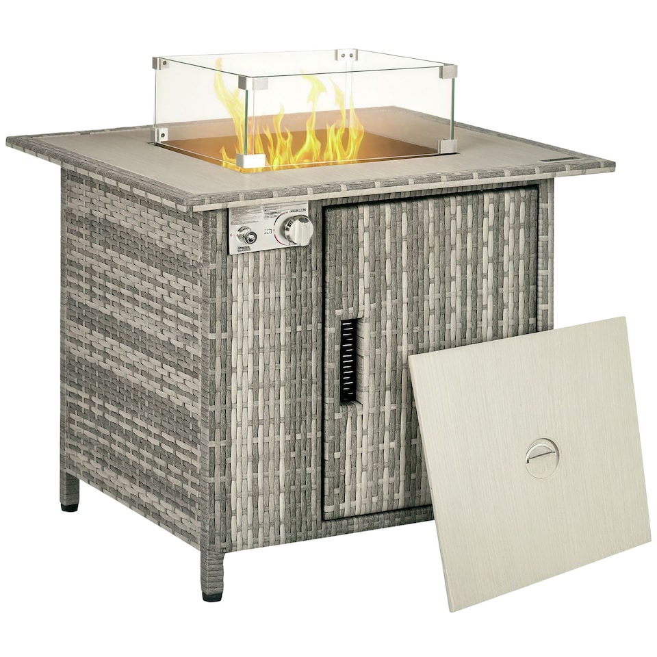 image 1 of Outsunny Outdoor PE Rattan Gas Fire Pit Table, Patio Square Propane Heater with Rain Cover, Glass Windscreen, and Lava Stone, 50,000 BTU, Grey