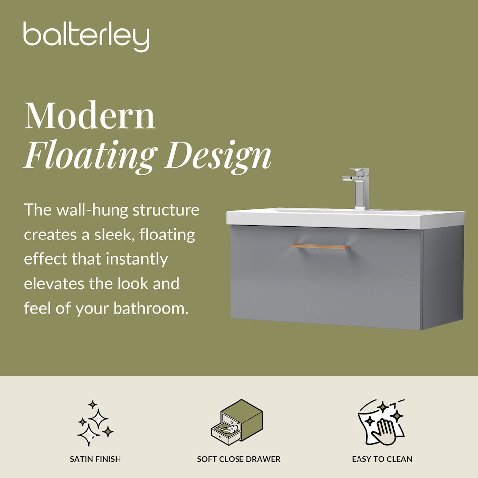 image 1 of 800mm Wall Hung 1 Drawer Vanity Basin Unit, Satin Grey, Copper Handle | Grey | Satin Grey | 399 x 810 x 390mm