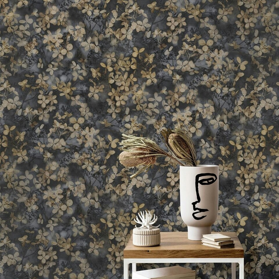 image 1 of Erismann Play Of Light Blossom Vinyl Textured Wallpaper - Charcoal - 10m x 53cm | Black