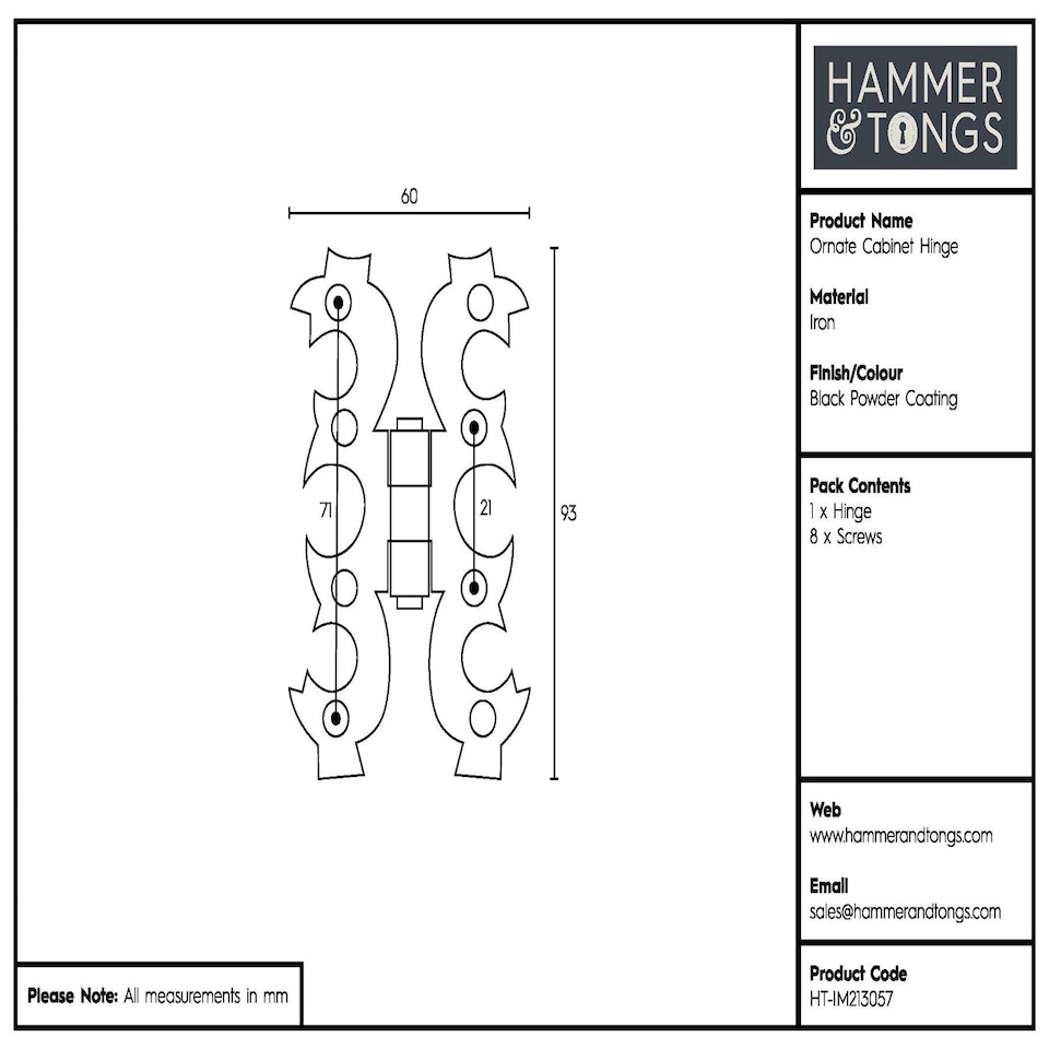 image 1 of Hammer & Tongs Ornate Cabinet Hinge - H95mm - Black | Black | Black