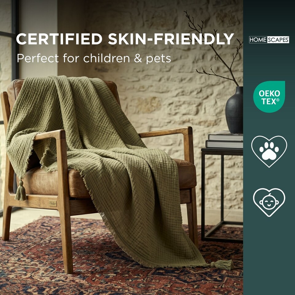 image 1 of Homescapes Pure Handmade Cotton Muslin Bed Throw Blanket - 127 x 180 cm