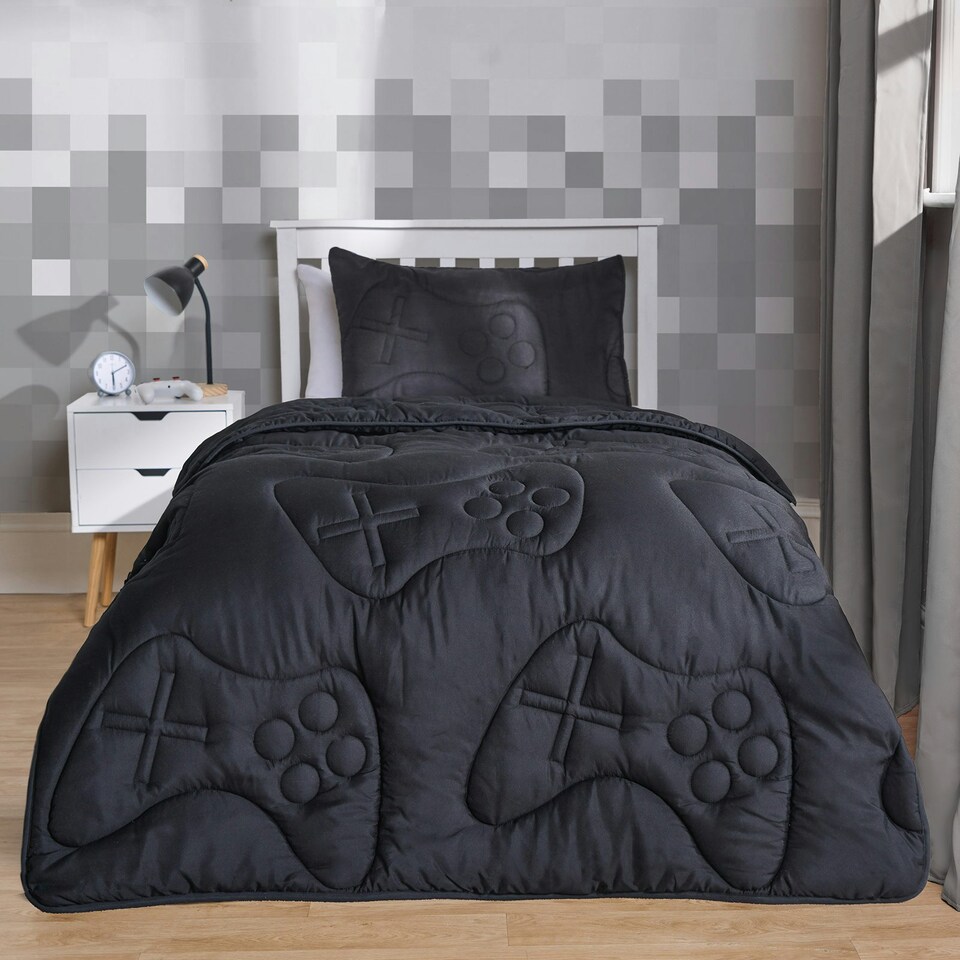 image 1 of OHS Quilted Embossed Patterned Soft Plump Coverless 7.5 Tog Washable Duvet Cover and Pillowcase Bedding Set Black | Gaming | Single