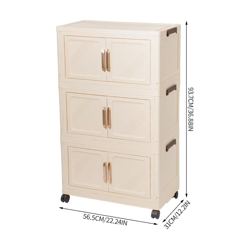 image 1 of Living and Home Foldable 3-Tier Rolling Plastic Storage Cabinet with Magnetic Doors | Cream | 3 Tiers