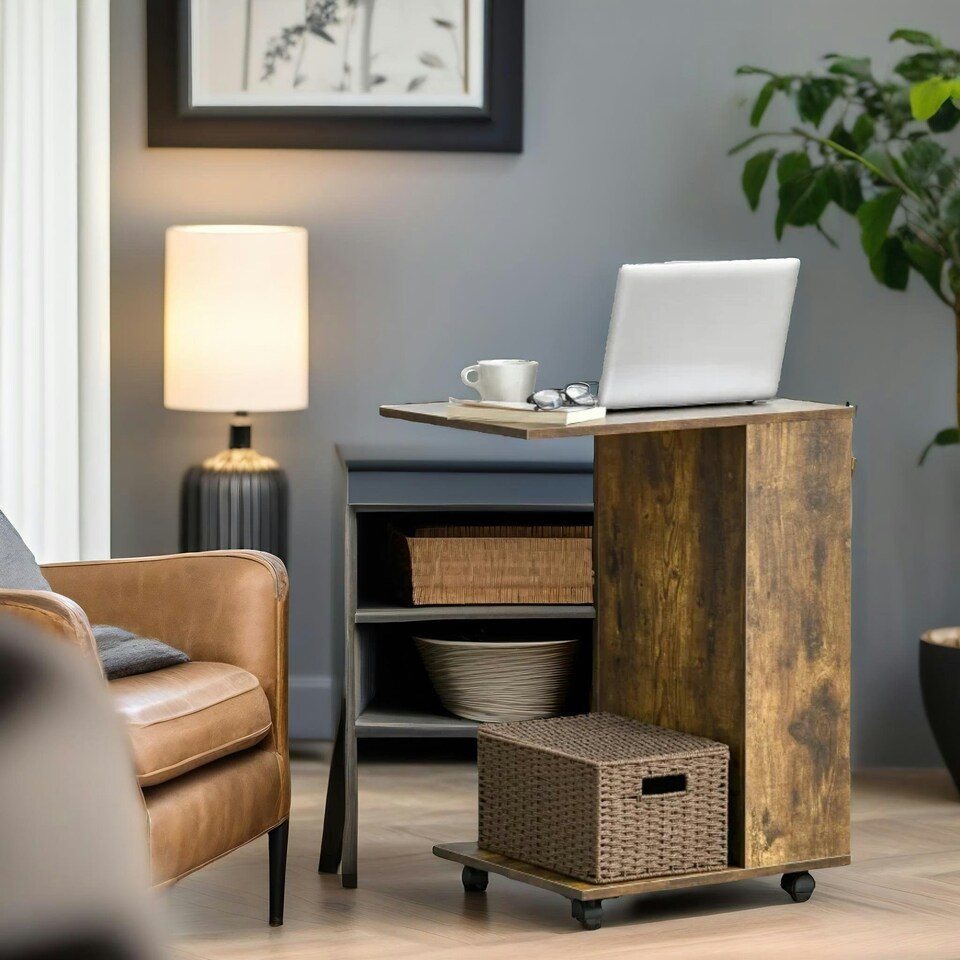 image 1 of Industrial Brown C Shaped Side Table With Storage & Wheels Brown