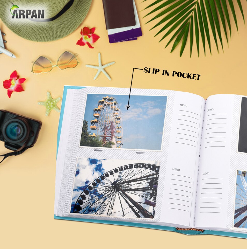 image 1 of ARPAN Slip In Case Book-Bound Memo Photo Album – Holds 200 Photos 6" x 4" (10x15cm) – Hardcover Memory Album with Writing Space for Family, Wedding & Travel Pictures
